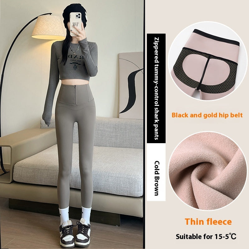 Belly-controlling Butt Lifting Leggings With Three-breasted Design Winter High Waist Slim Zippere Pants Warm Velvet And Thickened Trousers Women Clothing My Store