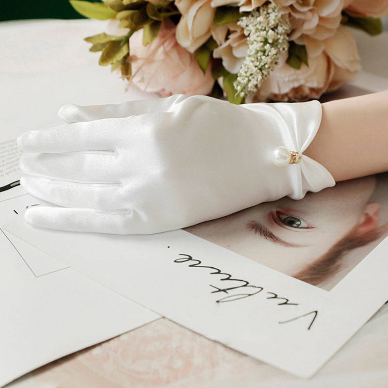 French Hepburn Style Short Pearl Satin Bridal Gloves My Store