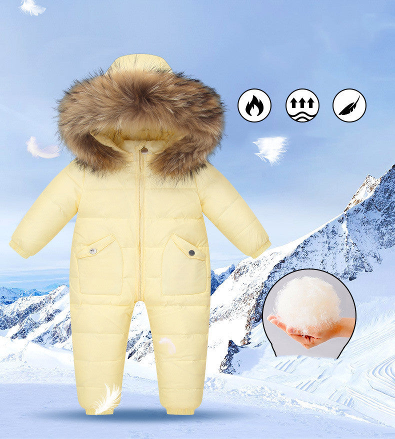 The Baby Wears White Eiderdown Over A Onesie And Down Jacket My Store