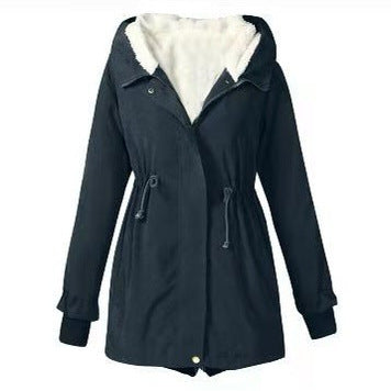 Women's Autumn And Winter Solid Color Casual Waist Tight Fleece-lined Anorak My Store