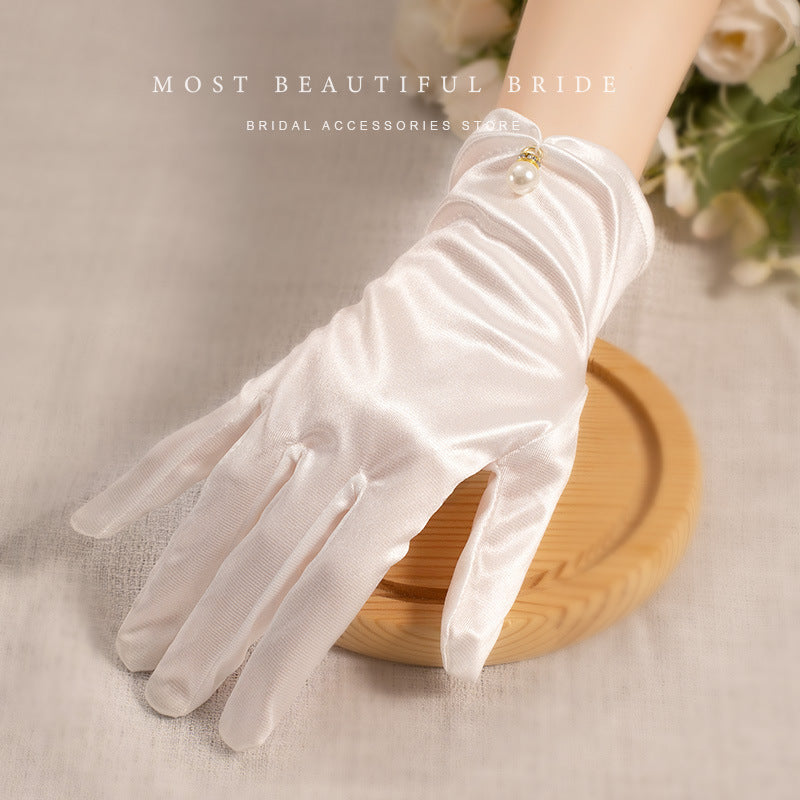 White Satin Short Gloves Lace Pearl Accessories My Store