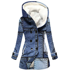 Women's Windbreaker Winter Thickened Imitation Lamb Stitching Floral Hooded My Store