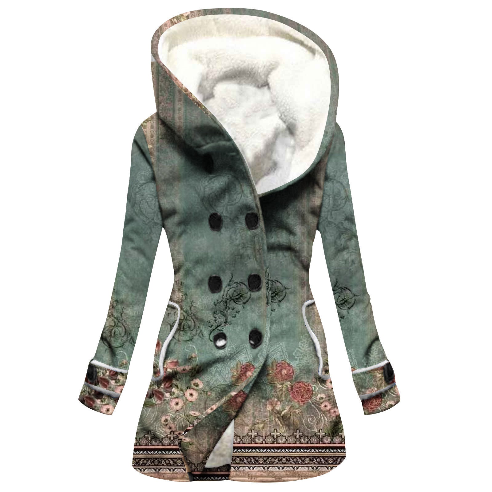 Women's Windbreaker Winter Thickened Imitation Lamb Stitching Floral Hooded My Store