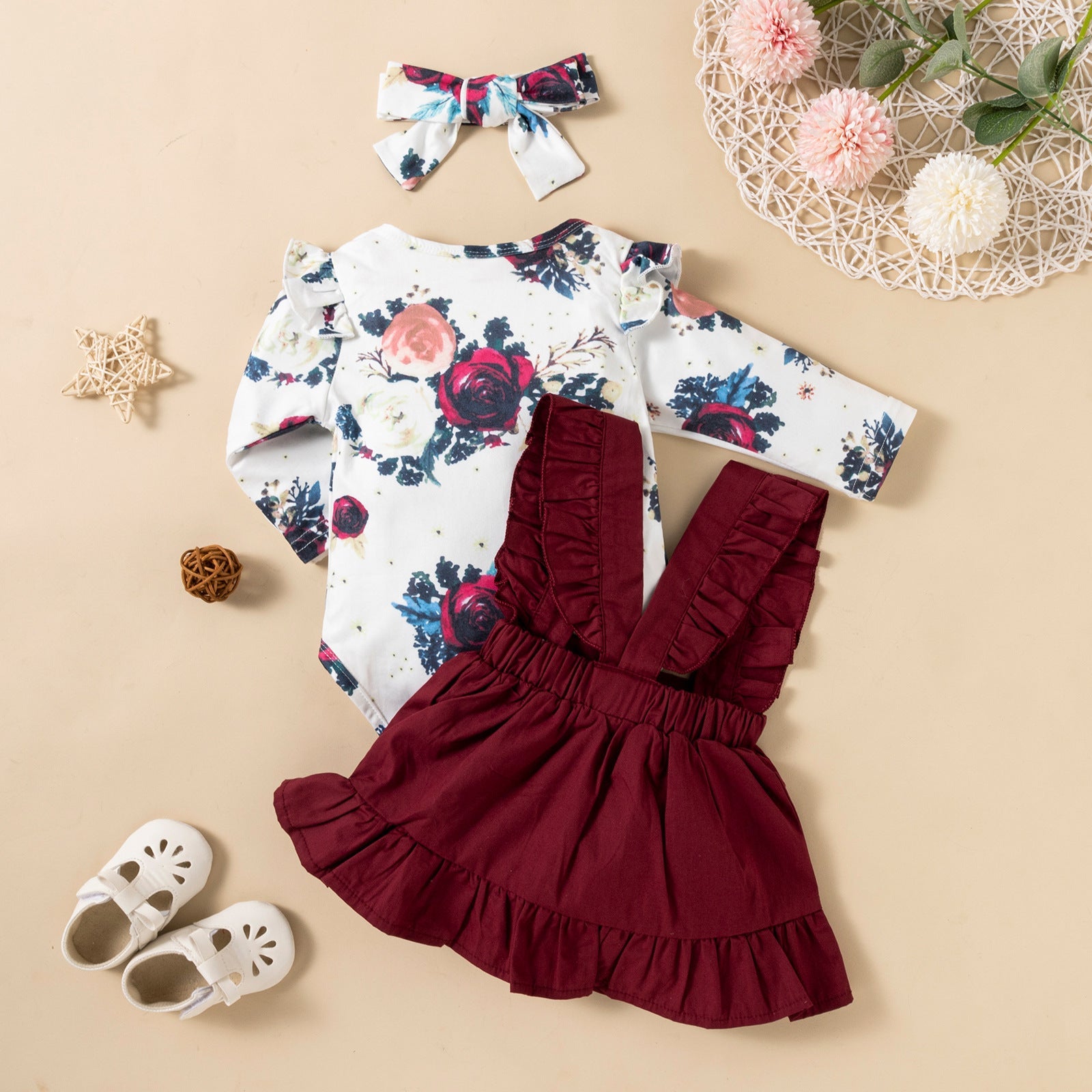 Printed Long-sleeved Baby Girl Romper Two-color Strap Ruffled Dress Headdress Three Pieces My Store