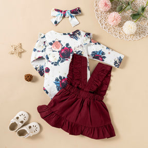 Printed Long-sleeved Baby Girl Romper Two-color Strap Ruffled Dress Headdress Three Pieces My Store