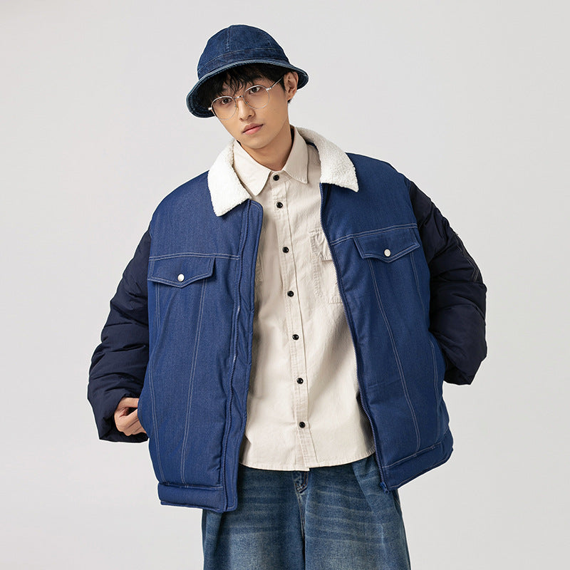 American Retro Patchwork Denim Thickened Cotton Padded Coat Men My Store