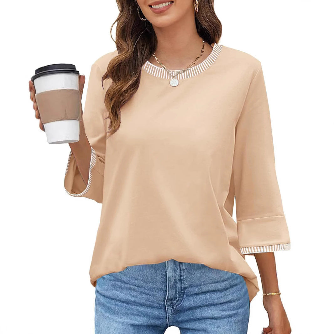 Women's Contrast Color Thread Round Neck Top Solid Color My Store