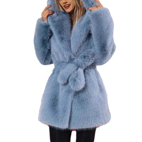 Autumn And Winter Elegant Hooded Strap Faux Fur Coat Women My Store