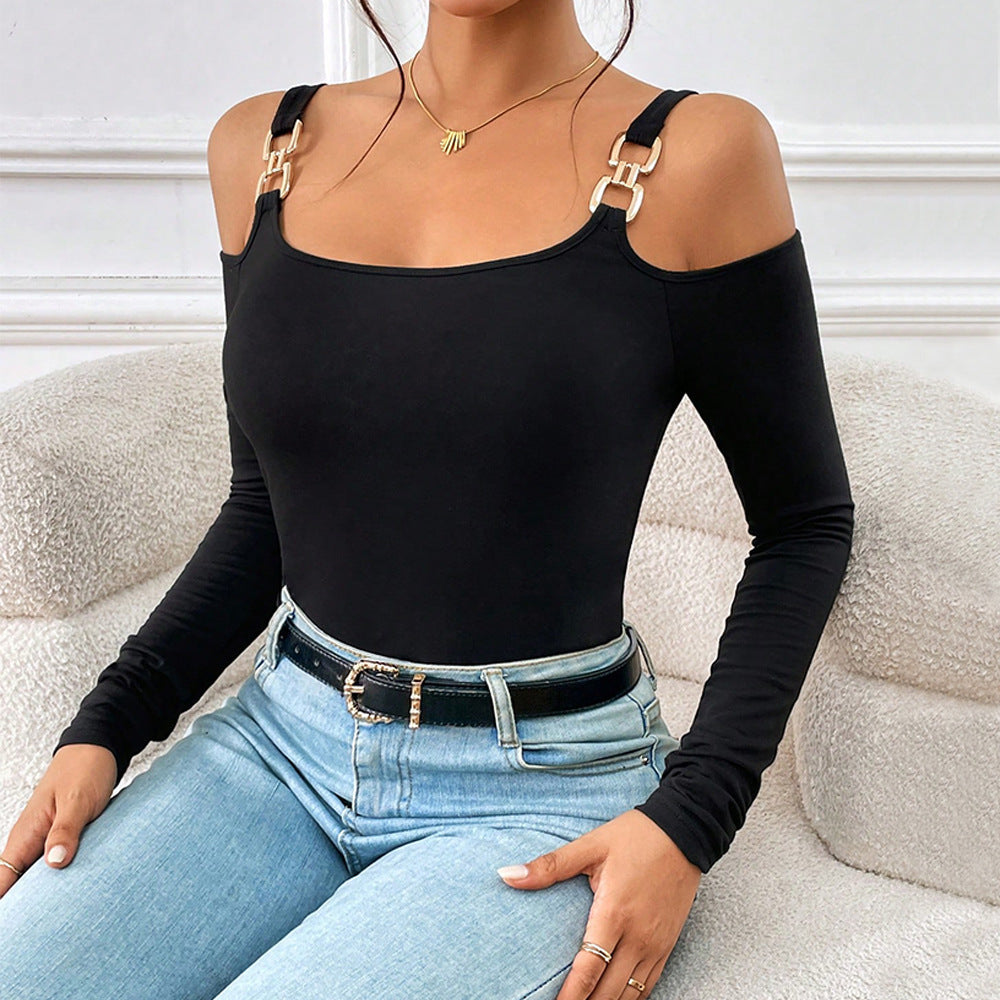 Women's Spring And Summer Fashion Simple Suspender Off-Shoulder Metal Hook Long-Sleeved Sexy Top My Store