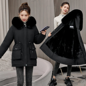 Waist Slimming Elegant Parka Cotton-padded Coat Fur Collar Western Style Velvet Lining Warm Coat My Store