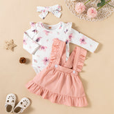 Printed Long-sleeved Baby Girl Romper Two-color Strap Ruffled Dress Headdress Three Pieces My Store