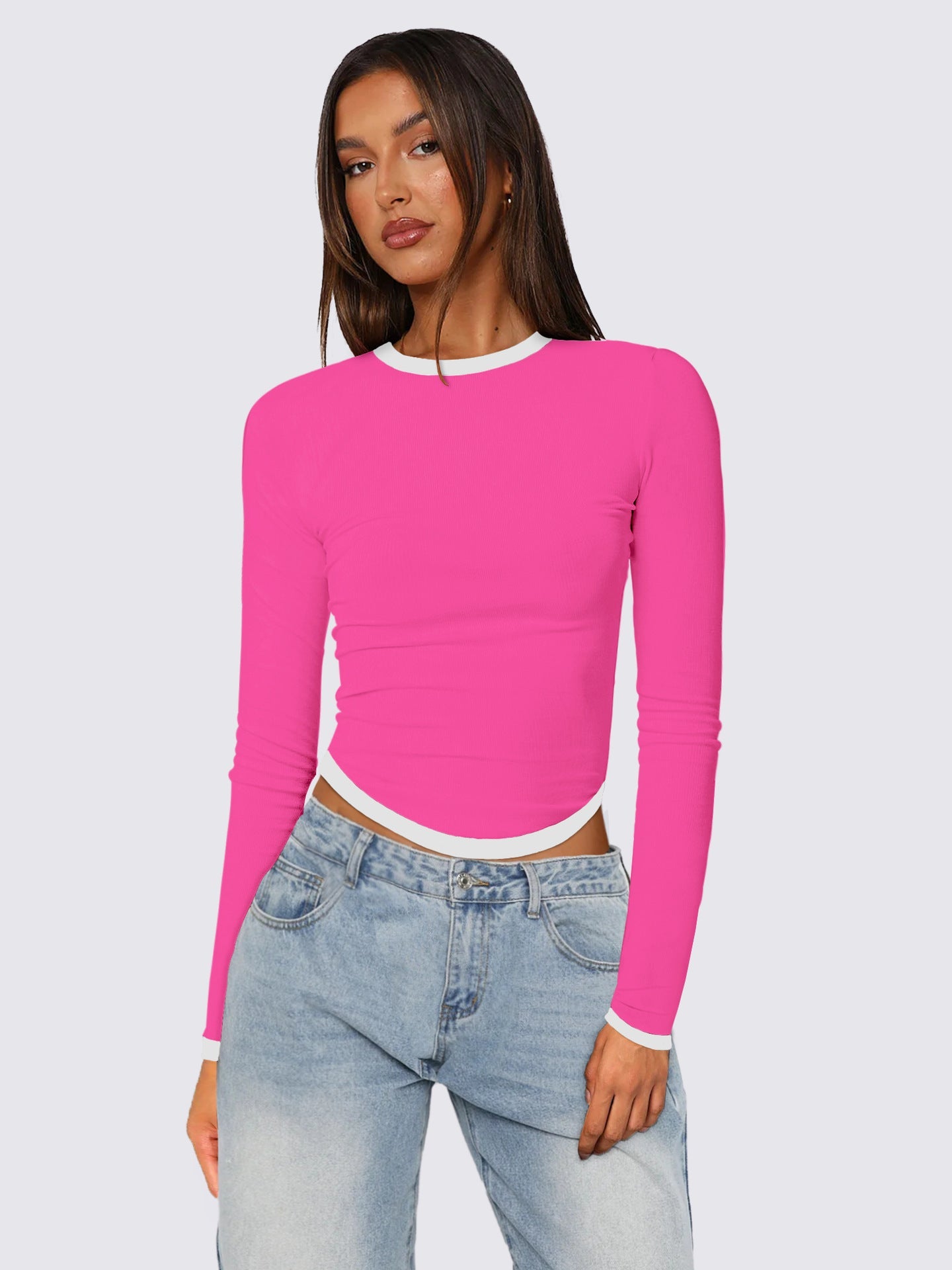 Women's Long-sleeved Round Neck Slim-fit Contrast Colors Short Pullover Top My Store