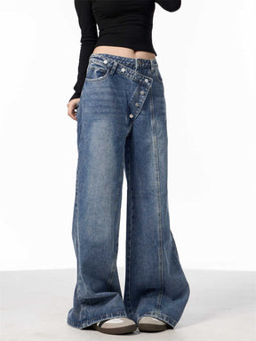 Irregular Breasted Washed Straight Jeans Blue Loose Wide Leg Pants My Store