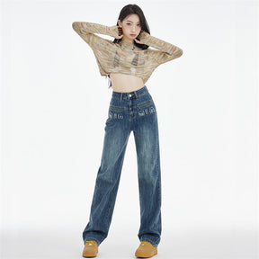 Women's Straight Jeans Dark Blue Embroidered Letters My Store