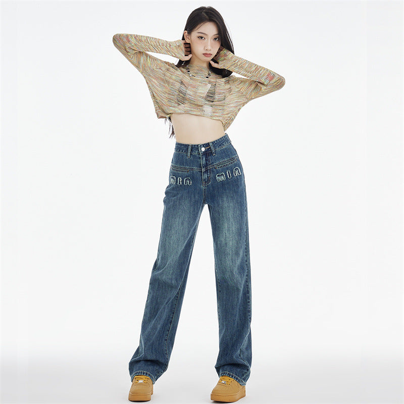 Women's Straight Jeans Dark Blue Embroidered Letters My Store