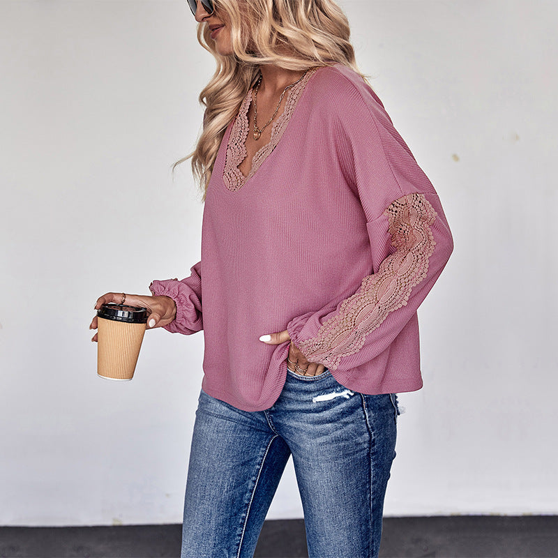 Women's Lace V-neck Long Sleeve Top My Store