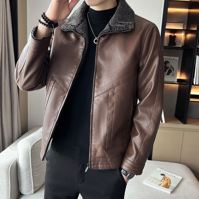 Hong Kong Style Velvet Padded Plus Size Men's Leather Jackets My Store