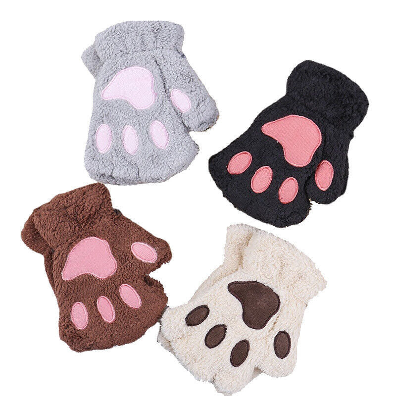 Women Plush Cat Paw Claw Gloves Warm Bear Paw Fingerless Mittens Winter Gloves My Store