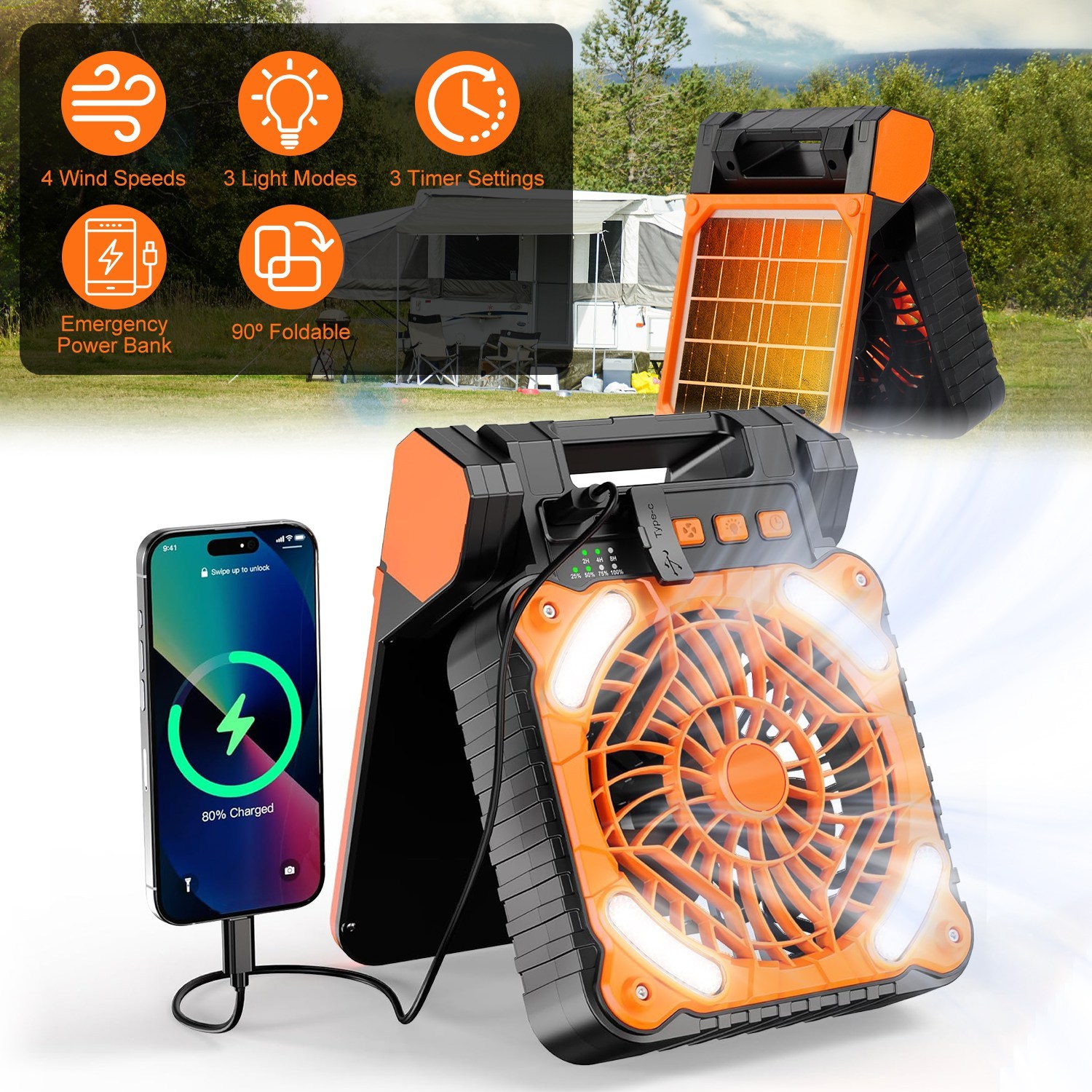 5200mAh Solar Camping Fan with LED Lantern & Power Bank