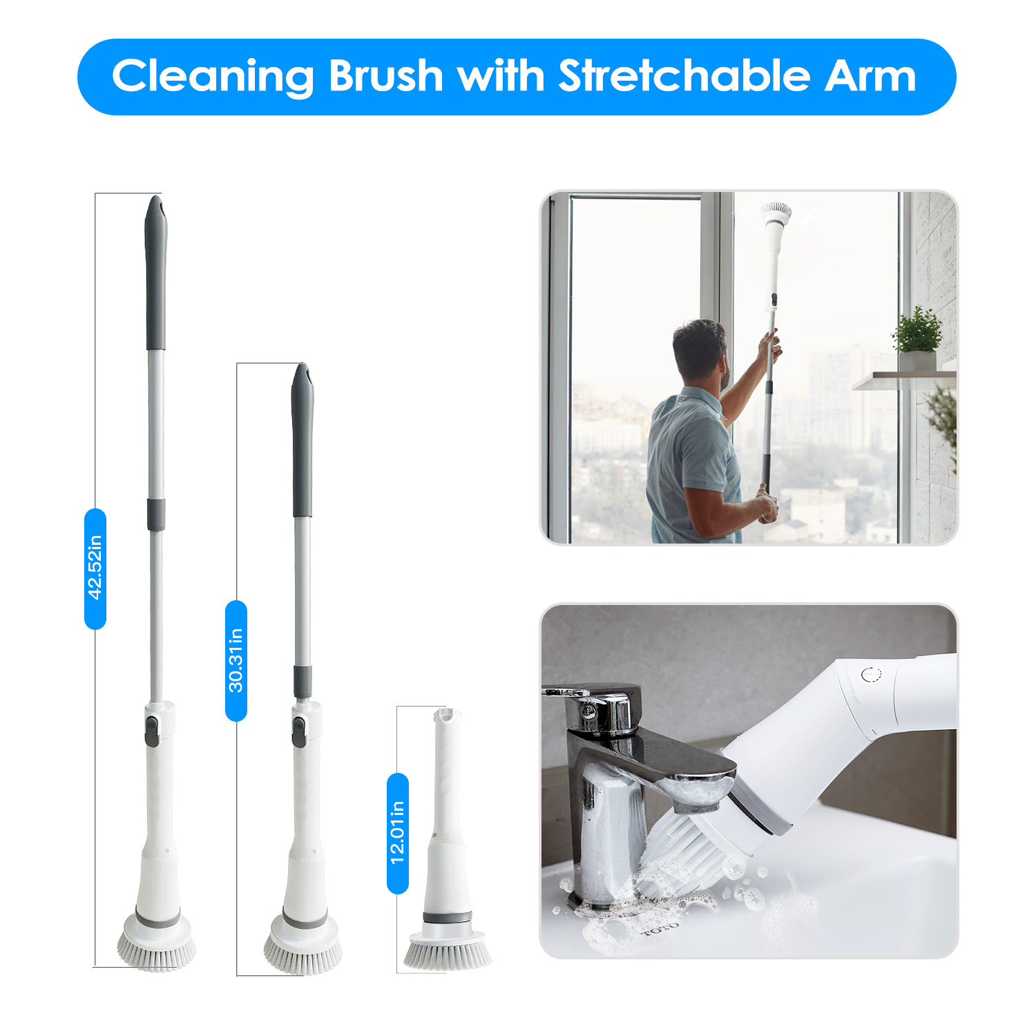 1Set Electric Spin Scrubber Cordless Rechargeable Telescopic Cleaning Brush 6 Replaceable Heads 2 Speed Adjustable Extension Arm Bathroom Tub Tile Floor - Image 5