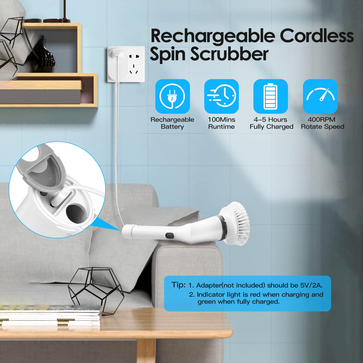 1Set Electric Spin Scrubber Cordless Rechargeable Telescopic Cleaning Brush 6 Replaceable Heads 2 Speed Adjustable Extension Arm Bathroom Tub Tile Floor - Image 8
