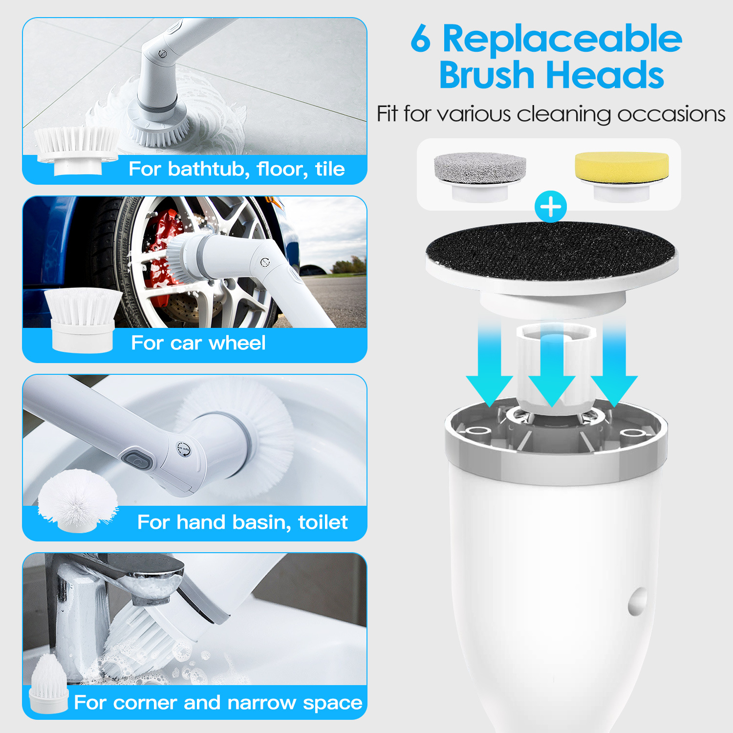1Set Electric Spin Scrubber Cordless Rechargeable Telescopic Cleaning Brush 6 Replaceable Heads 2 Speed Adjustable Extension Arm Bathroom Tub Tile Floor - Image 6