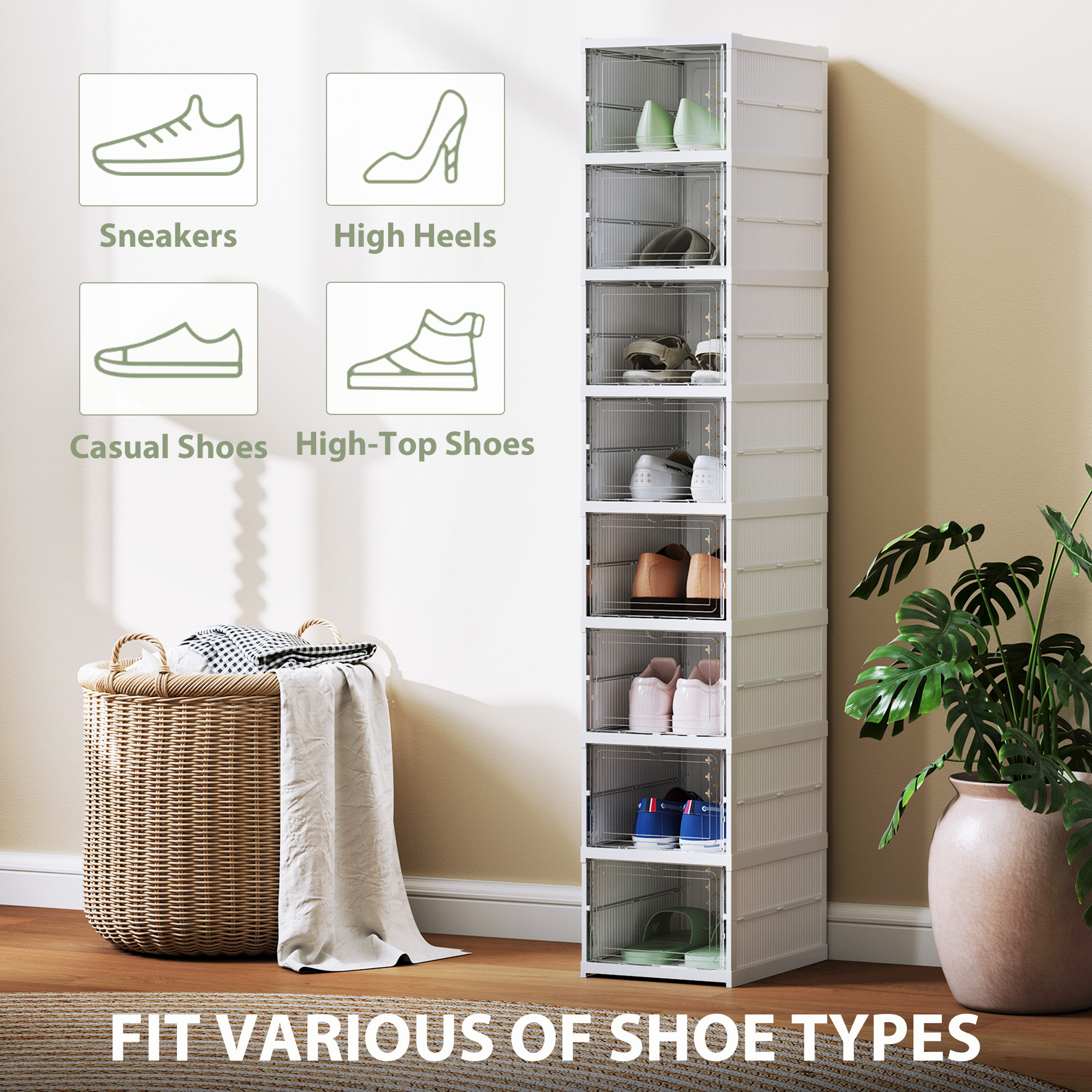 Stackable Plastic Shoe Boxes, 8 Pack Foldable Shoe Storage Boxes with Clear Door, No Assembly, Fit Size 10, White - Image 7