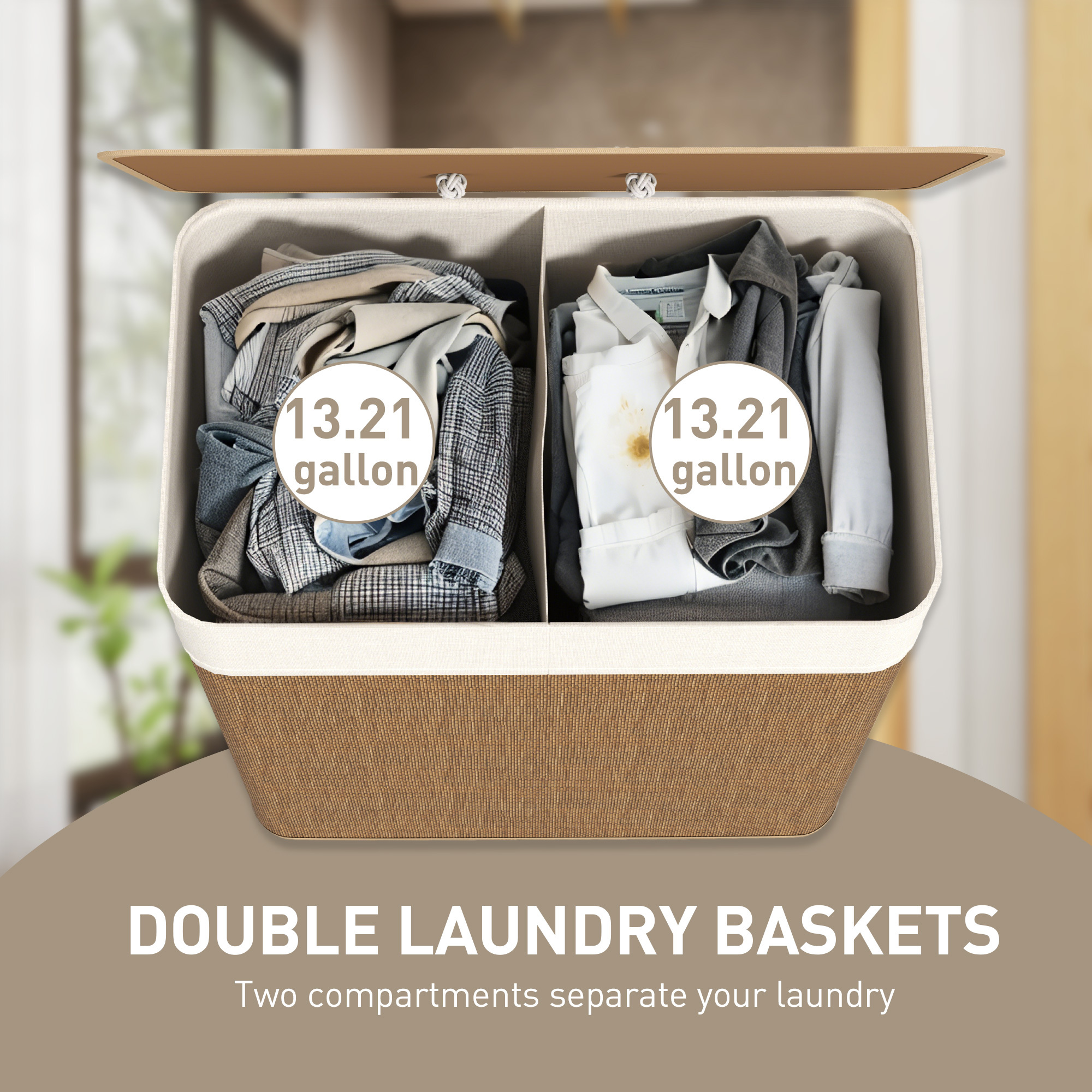 Double Laundry Basket With Lid, 26.4 Gallon Bamboo Laundry Hamper With Rope Handles And Removable Liner, Brown - Image 2