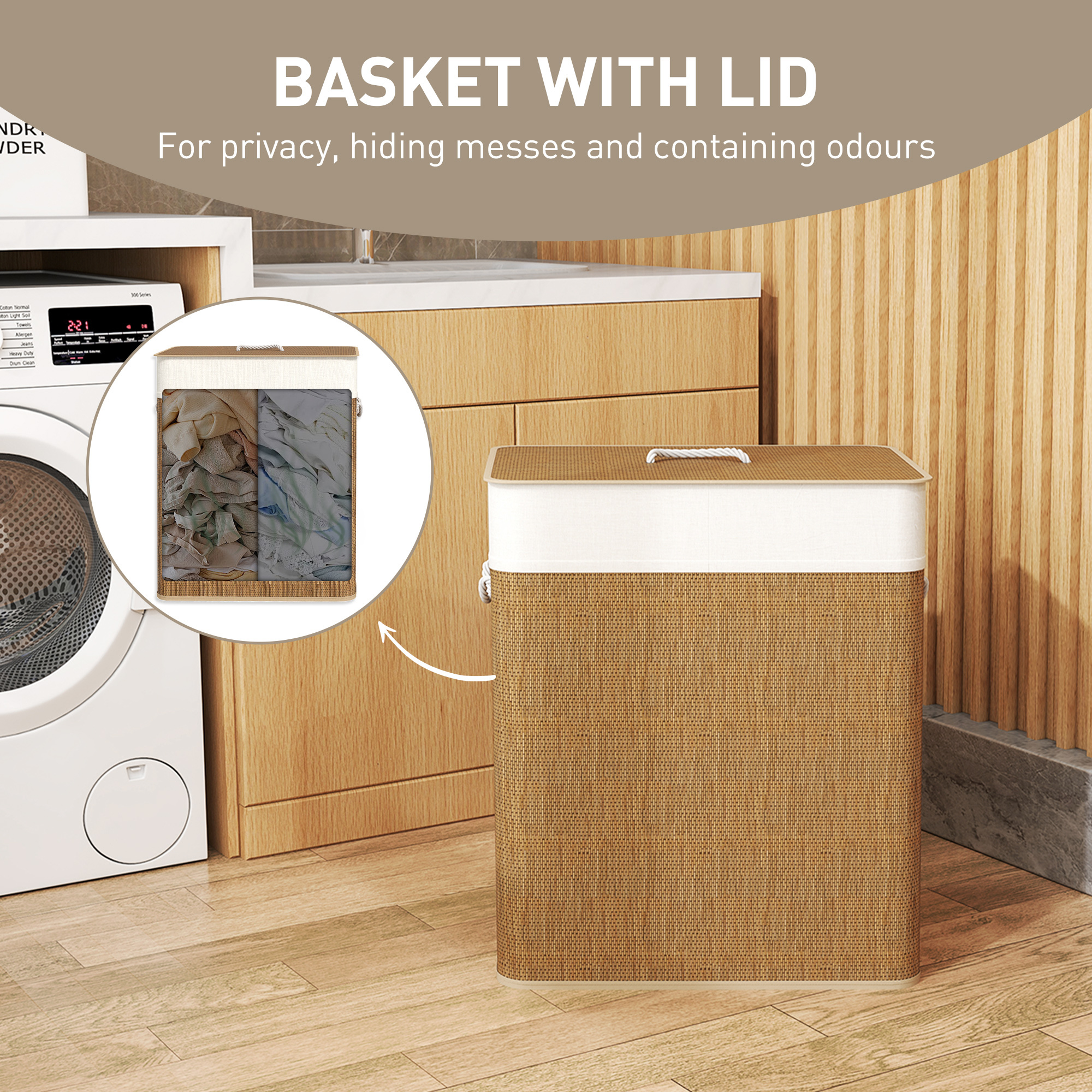 Double Laundry Basket With Lid, 26.4 Gallon Bamboo Laundry Hamper With Rope Handles And Removable Liner, Brown - Image 4