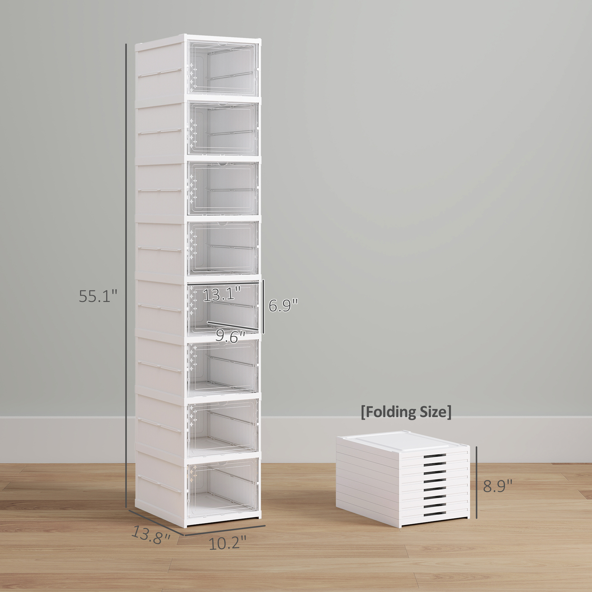 Stackable Plastic Shoe Boxes, 8 Pack Foldable Shoe Storage Boxes with Clear Door, No Assembly, Fit Size 10, White - Image 3