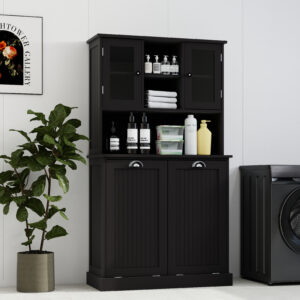 Two-Compartment Tilt-Out Dirty Laundry Basket Tall Bathroom Cabinet With 2 Adjustable Shelves-Black