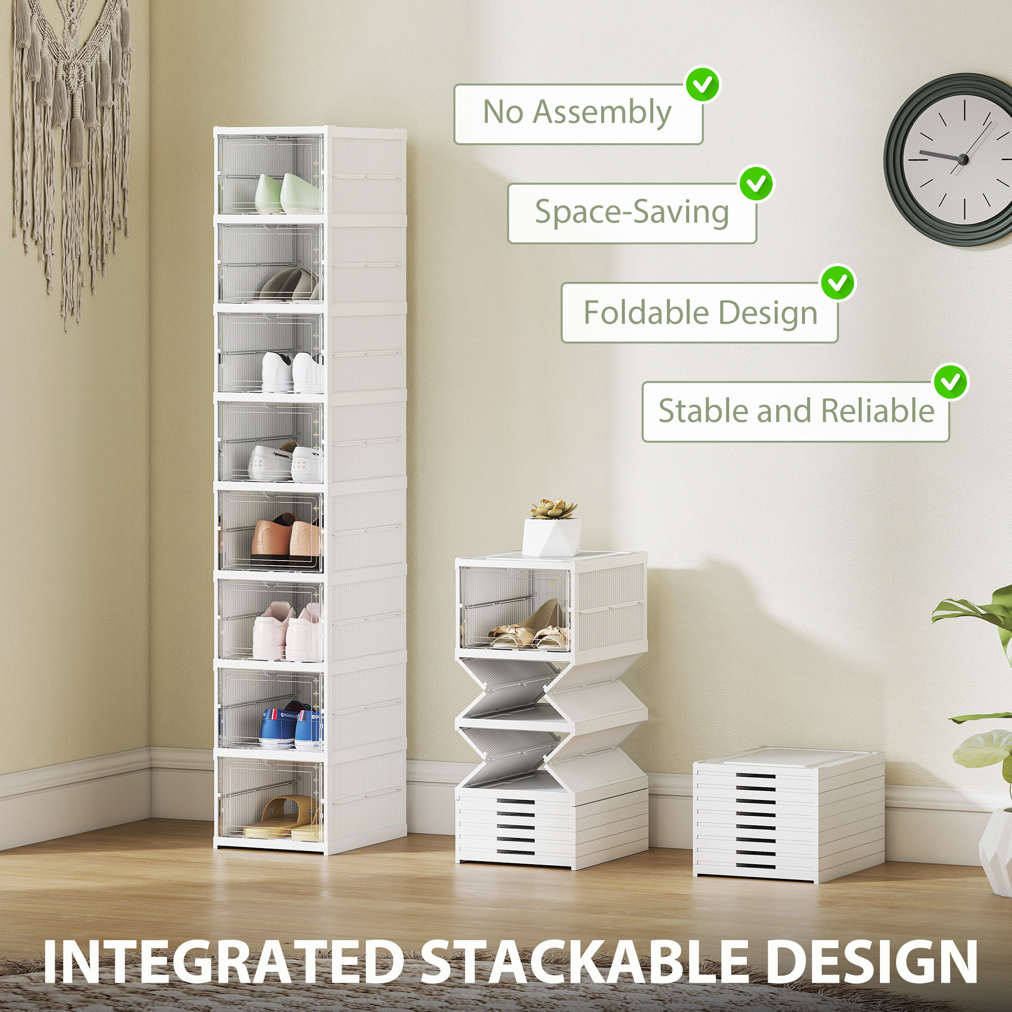 Stackable Plastic Shoe Boxes, 8 Pack Foldable Shoe Storage Boxes with Clear Door, No Assembly, Fit Size 10, White - Image 5