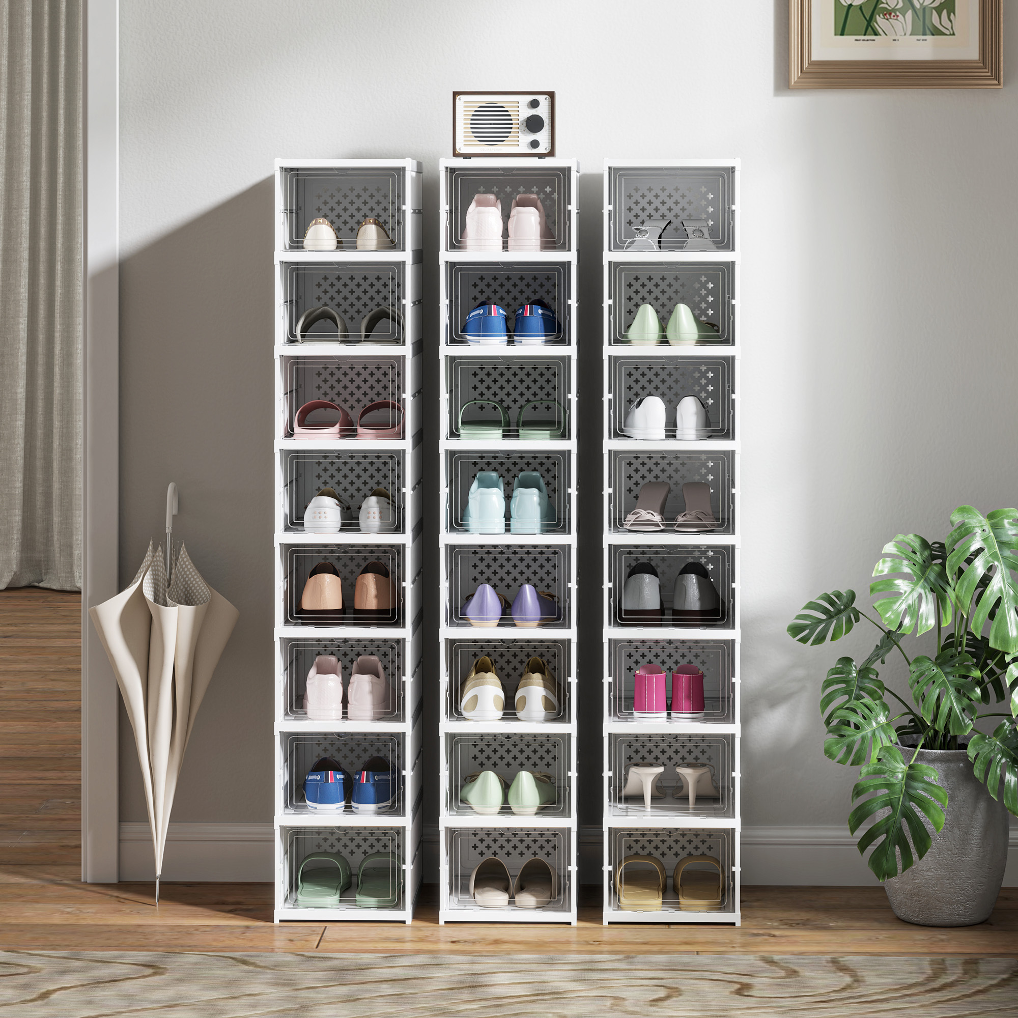 Stackable Plastic Shoe Boxes, 8 Pack Foldable Shoe Storage Boxes with Clear Door, No Assembly, Fit Size 10, White - Image 4