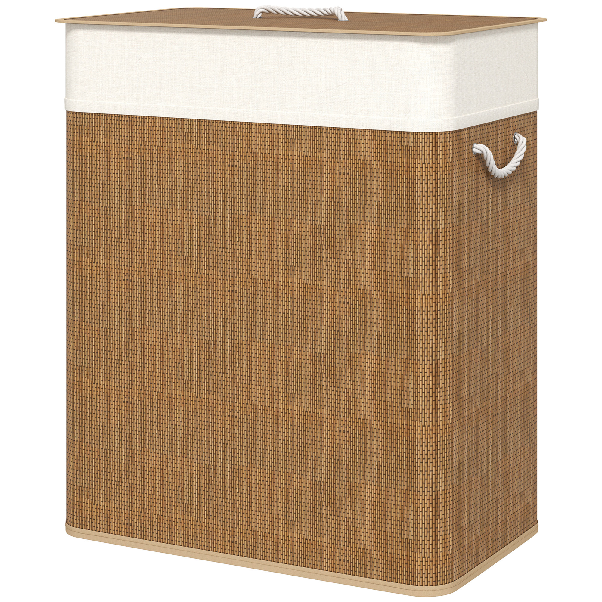 Double Laundry Basket With Lid, 26.4 Gallon Bamboo Laundry Hamper With Rope Handles And Removable Liner, Brown - Image 3