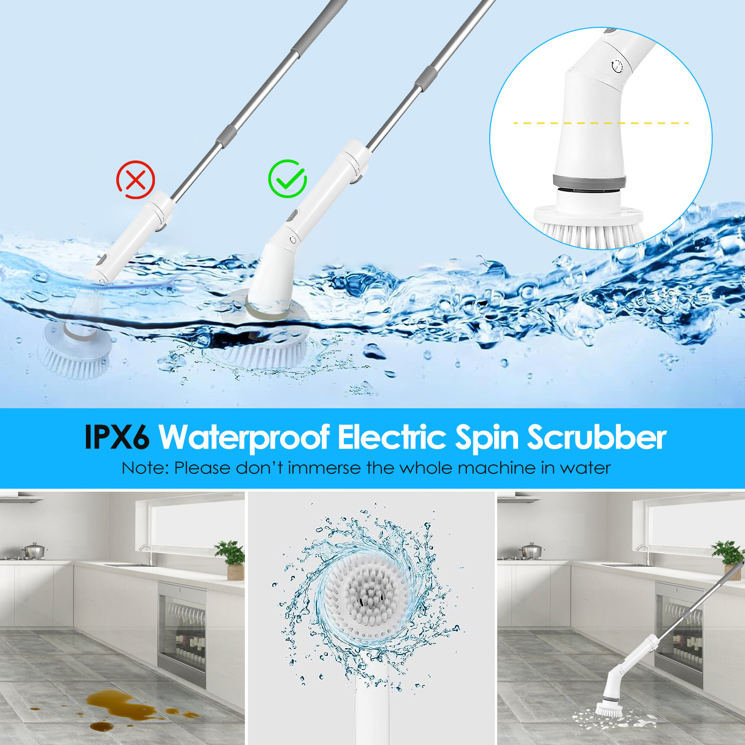 1Set Electric Spin Scrubber Cordless Rechargeable Telescopic Cleaning Brush 6 Replaceable Heads 2 Speed Adjustable Extension Arm Bathroom Tub Tile Floor - Image 2