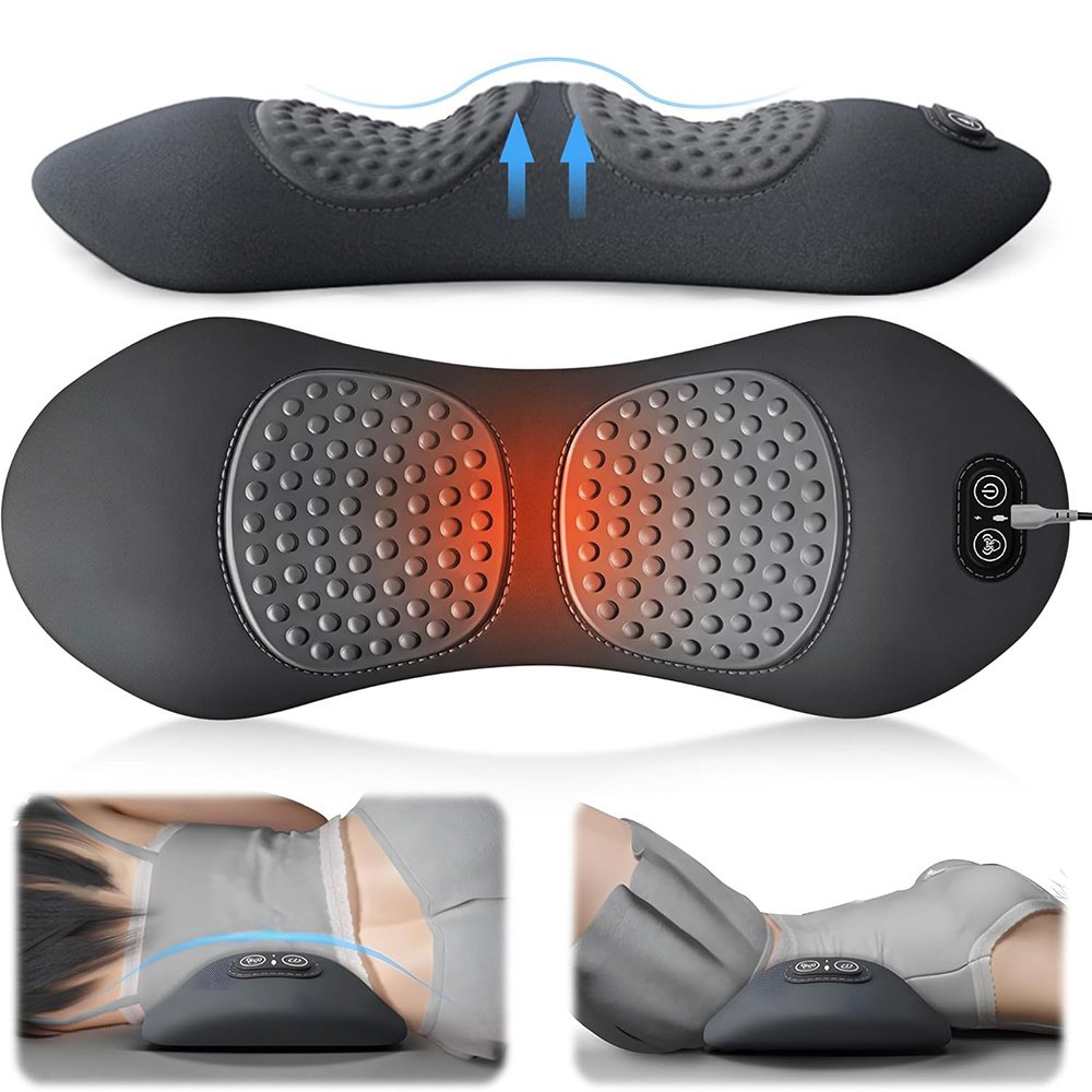 3-in-1 Electric Lumbar Support Pillow with Heat, Vibration and Traction, Triple Fusion Back Massager for Bed or Chair, Lumbar Support Cushion for Lower Back & Spine Support