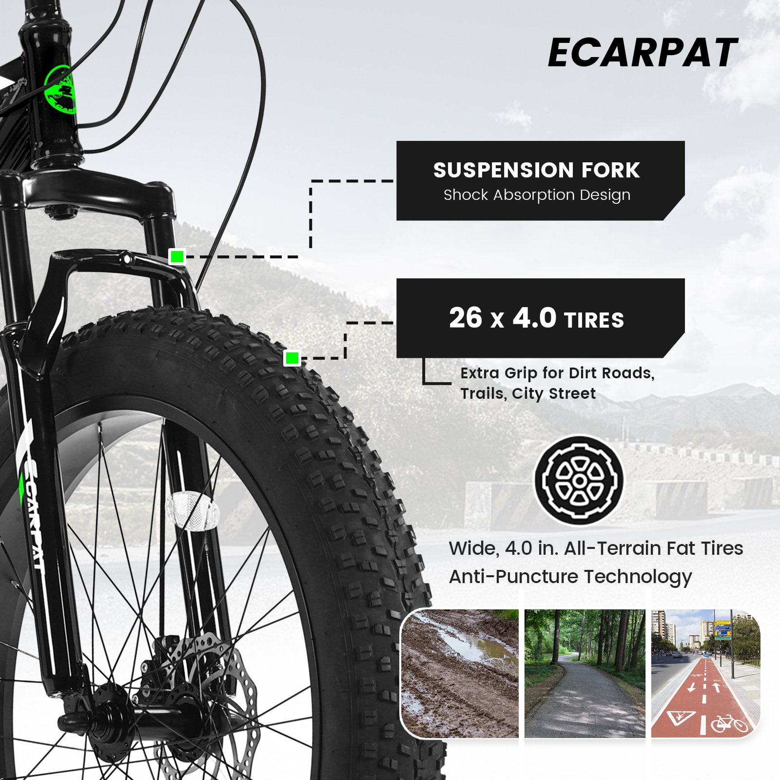S26109 Elecony 26 Inch Fat Tire Bike Adult&Youth Full Shimano 21 Speed Mountain Bike, Dual Disc Brake, High-Carbon Steel Frame, Front Suspension, Mountain Trail Bike, Urban Commuter City Bicycle - Image 5
