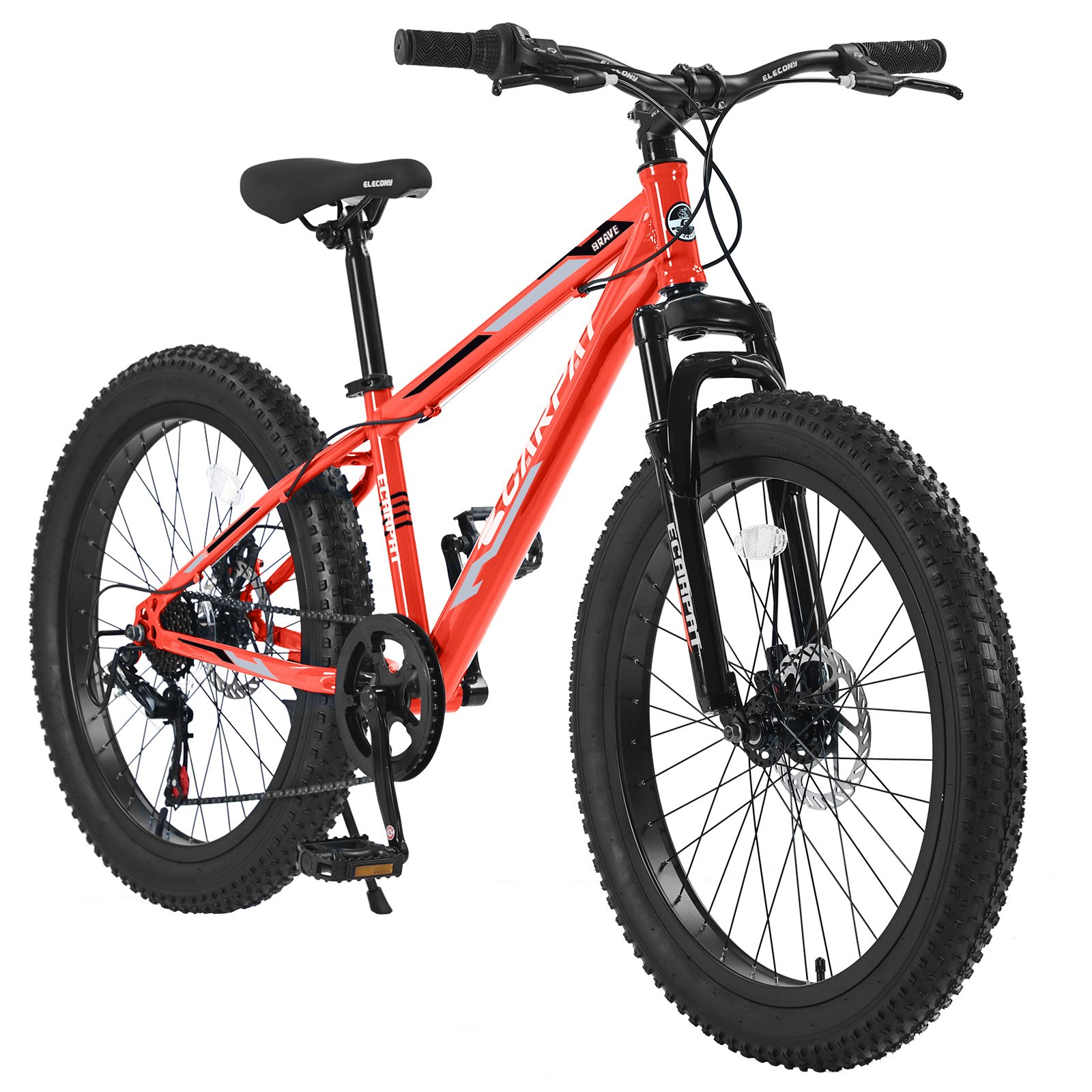 S24109 Elecony 24 Inch Fat Tire Bike Adult&Youth Full Shimano 7 Speeds Mountain Bike, Dual Disc Brake, High-Carbon Steel Frame, Front Suspension, Mountain Trail Bike, Urban Commuter City Bicycle