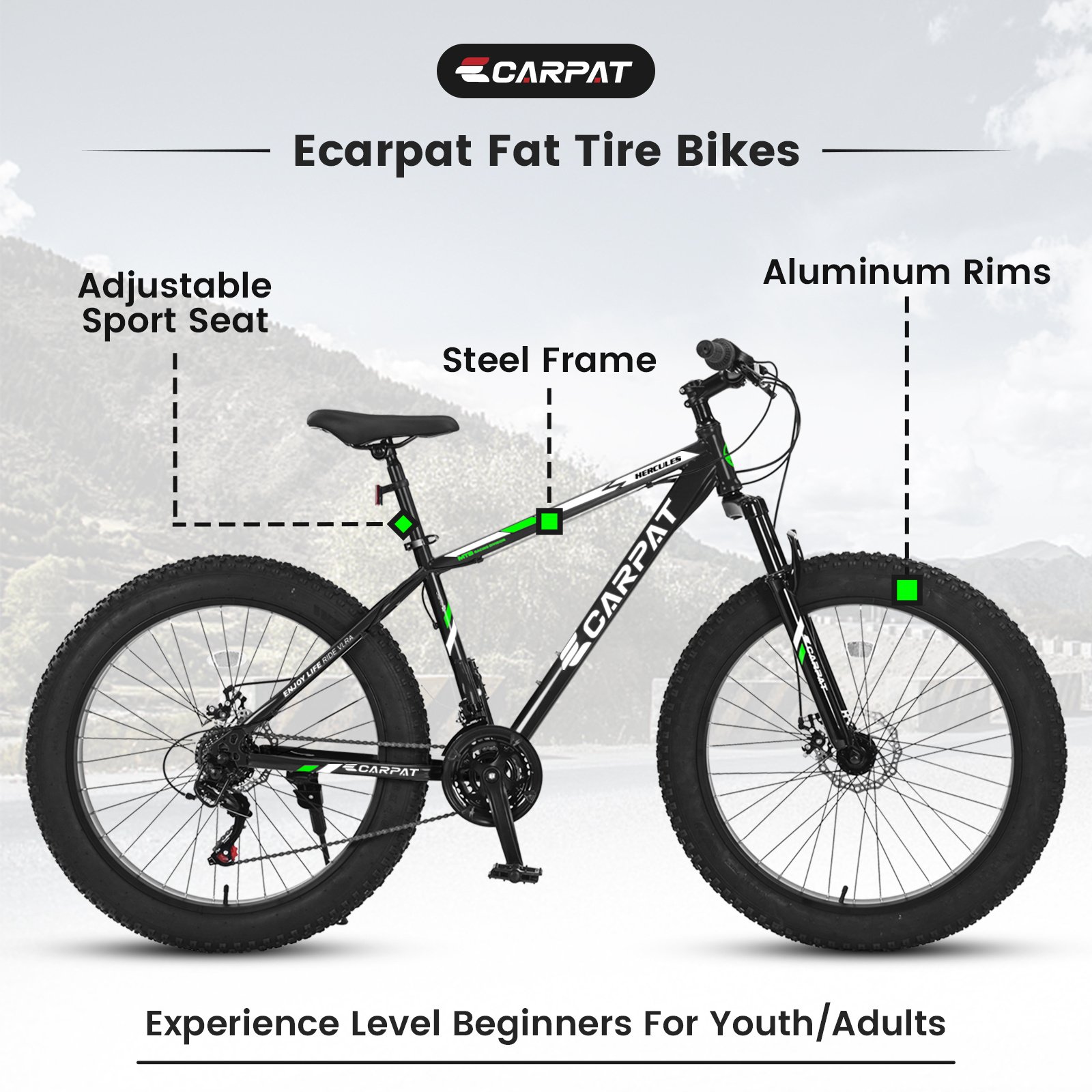 S26109 Elecony 26 Inch Fat Tire Bike Adult&Youth Full Shimano 21 Speed Mountain Bike, Dual Disc Brake, High-Carbon Steel Frame, Front Suspension, Mountain Trail Bike, Urban Commuter City Bicycle - Image 7